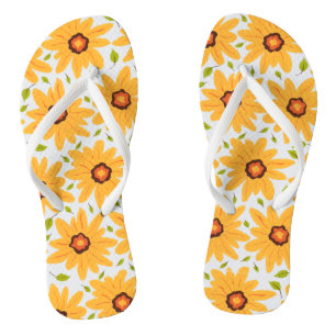 Sunny Yellow Hand-Painted Daisy Flower on White Flip Flops