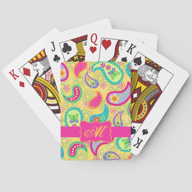 Sunny Yellow Modern Paisley Pattern Monogram Playing Cards (Back)