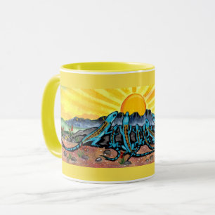 Sunny Yellow Mug,  Blue Lizard Watching Sunrise Mug