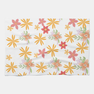 Sunny Yellow & Pink Daisy Floral Pattern Tea Towel