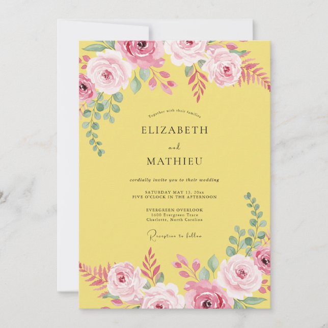 Sunny Yellow Ranunculus Eucalyptus Wedding Invitation (Front)