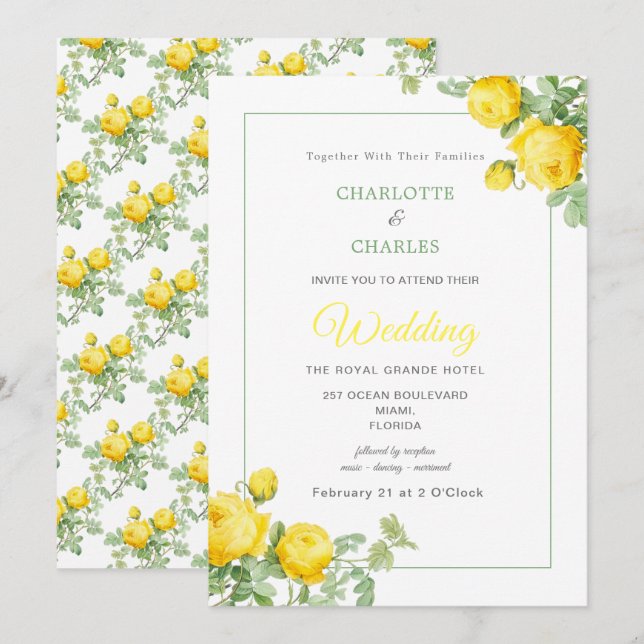 Sunny Yellow Roses Elegant Floral Wedding Invitation (Front/Back)
