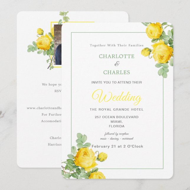 Sunny Yellow Roses Floral Elegant Photo Wedding Invitation (Front/Back)