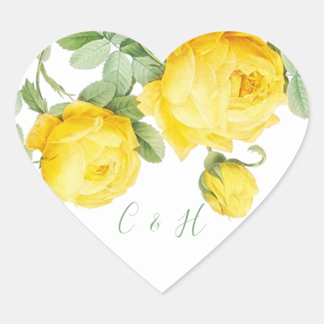 Sunny Yellow Roses Floral Elegant Wedding Heart Sticker (Front)