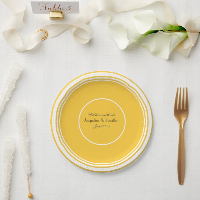 Sunny Yellow Script Names Wedding Cake Paper Plate (Wedding)