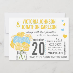 Sunny Yellow Sky Blue  Floral Modern Typography Invitation