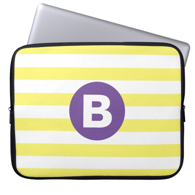Sunny Yellow Striped Purple Monogram Laptop Sleeve (Front)