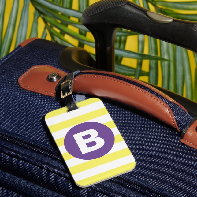 Sunny Yellow Striped Purple Monogram Luggage Tag (Front Insitu 1)
