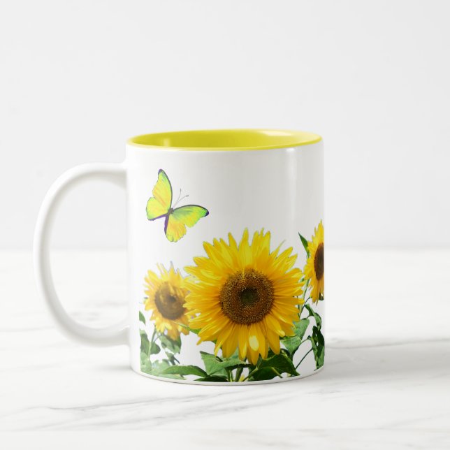 Sunny Yellow Sunflowers and Butterfly Two-Tone Coffee Mug (Left)