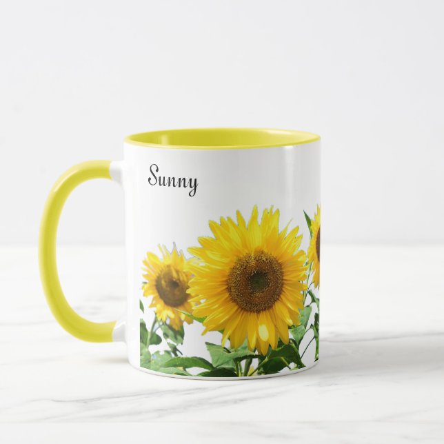 Sunny Yellow Sunflowers and Calligraphy Mug (Left)