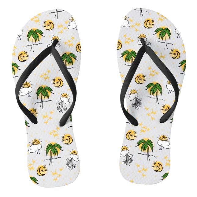 Sunny Yellow Suns, Stars, and Moon with Green Palm Flip Flops (Footbed)
