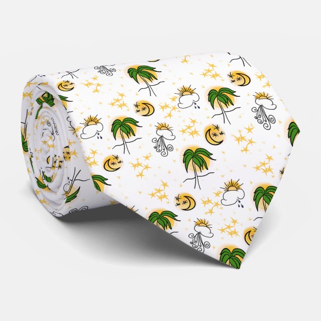 Sunny Yellow Suns, Stars, and Moon with Green Palm Tie (Rolled)