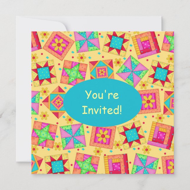 Sunny Yellow & Turquoise Patchwork Quilt Block Art Invitation (Front)
