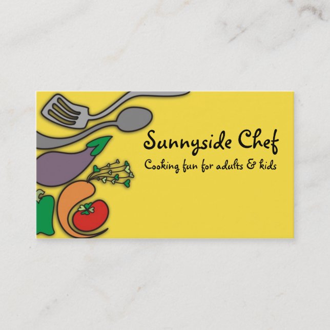 Sunny yellow vegetable cooking utensils biz cards (Front)
