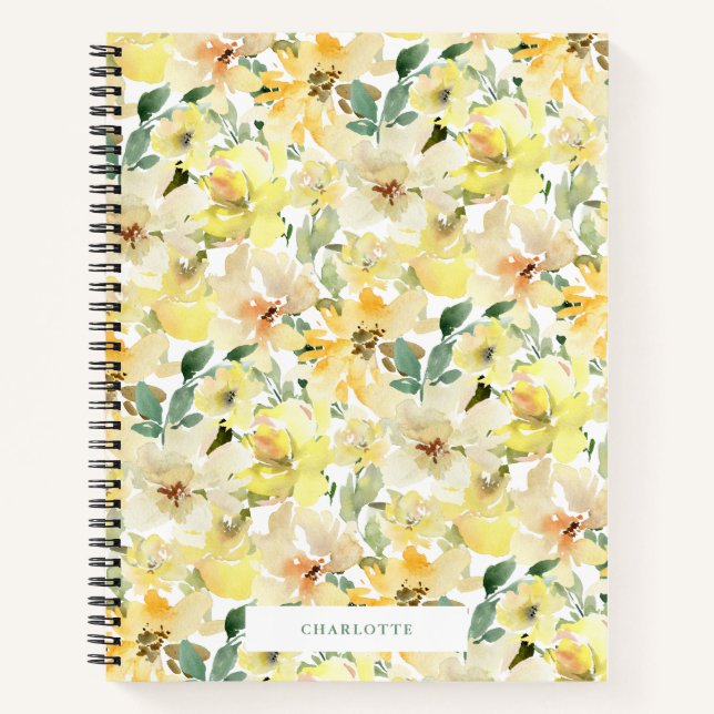 Sunny Yellow Watercolor Florals Spiral Notebook (Front)