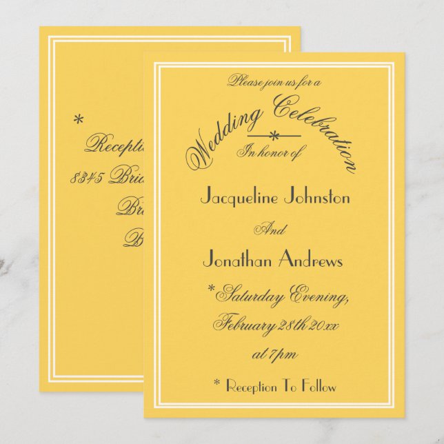 Sunny Yellow Wedding Black Script Names Details Invitation (Front/Back)
