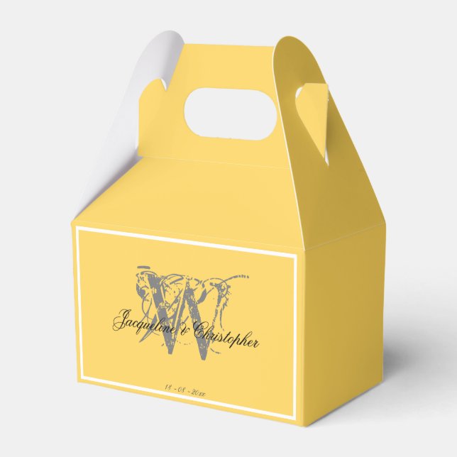 Sunny Yellow Wedding Grey Monogram Black Names Favour Box (Front Side)