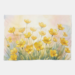 Sunny Yellow Wildflower Watercolor Tea Towel
