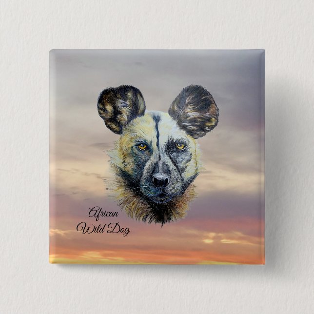 Sunrise African Wild Dog Endangered Original Art  15 Cm Square Badge (Front)