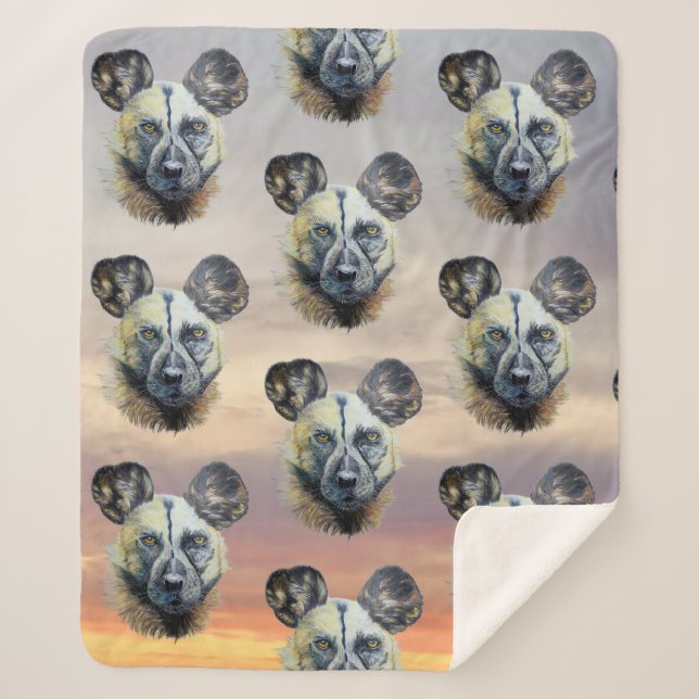 Sunrise African Wild Dog Endangered Original Art   Sherpa Blanket (Front)