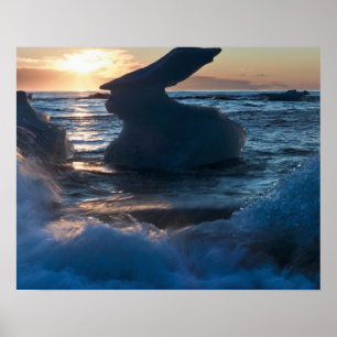 Sunrise and iceberg formation on the beach poster