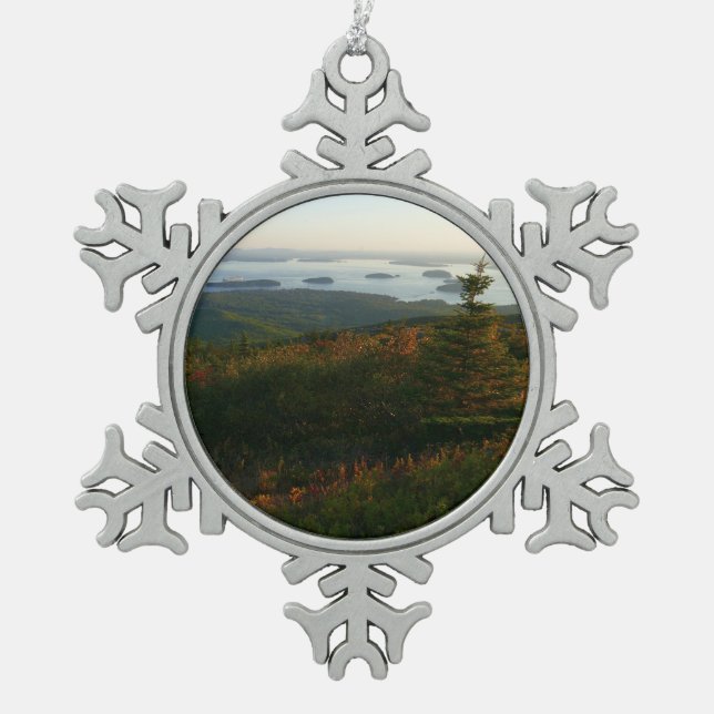 Sunrise at Cadillac Mountain I Snowflake Pewter Christmas Ornament (Front)
