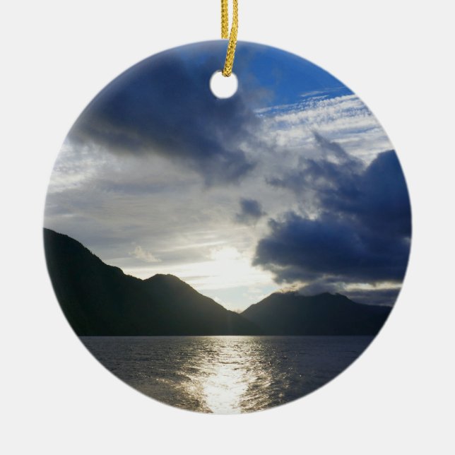 Sunrise at Lake Crescent Ceramic Tree Decoration (Front)