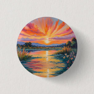 Sunrise at the pond watercolor 3 cm round badge