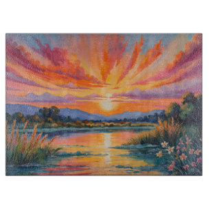 Sunrise at the pond watercolor cutting board