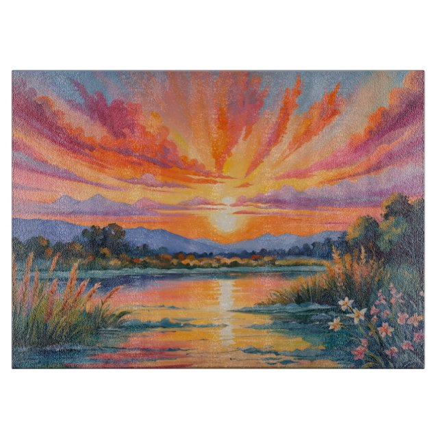 Sunrise at the pond watercolor cutting board (Front)