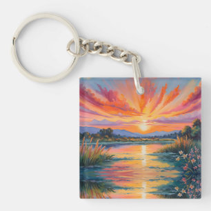 Sunrise at the pond watercolor key ring