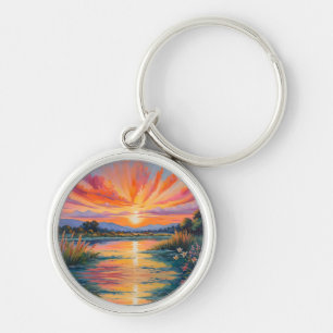Sunrise at the pond watercolor key ring
