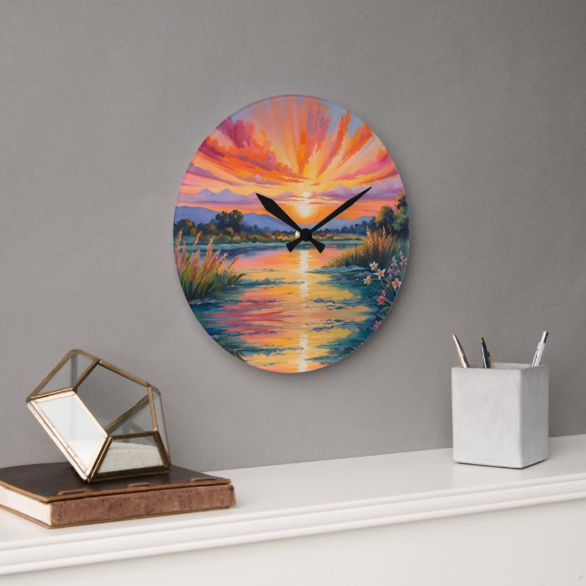 Sunrise at the pond watercolor large clock (Office)