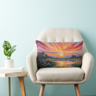 Sunrise at the pond watercolor lumbar cushion