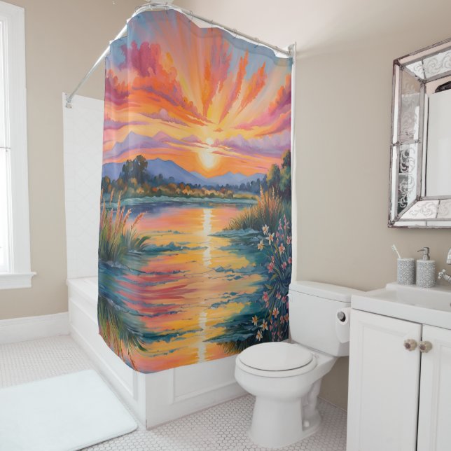 Sunrise at the pond watercolor shower curtain (In Situ)
