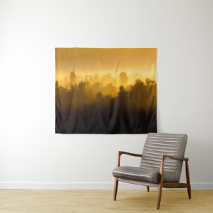Sunrise behind foggy trees tapestry