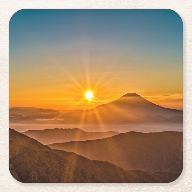 Sunrise between the hills square paper coaster (Front)