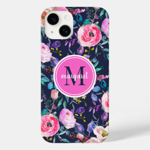 Sunrise Boho Floral Pink and Navy Monogram Case-Mate iPhone 14 Case
