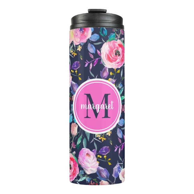 Sunrise Boho Floral Pink and Navy Monogram Thermal Tumbler (Front)
