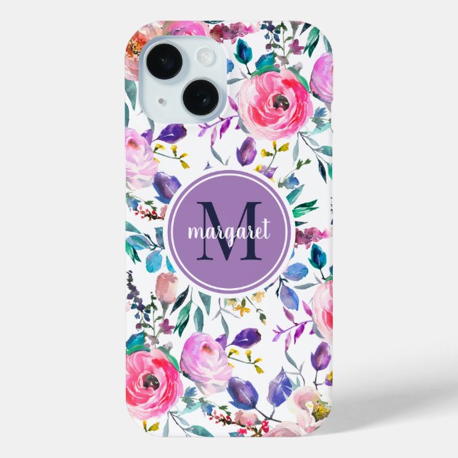 Sunrise Boho Floral Purple and White Monogram Case-Mate iPhone Case (Back)
