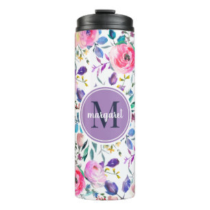 Sunrise Boho Floral Purple and White Monogram Thermal Tumbler