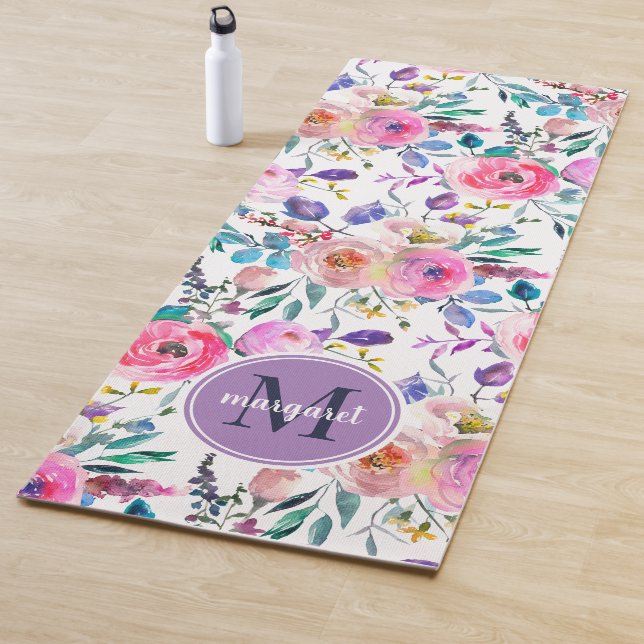 Sunrise Boho Floral Purple and White Monogram Yoga Mat (In Situ)