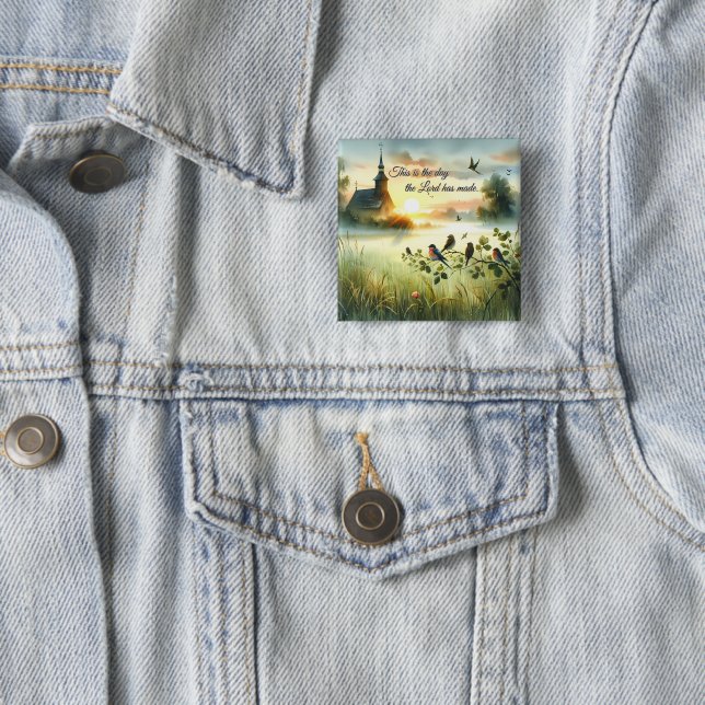 Sunrise Church with Birds in Misty Meadow 15 Cm Square Badge (In Situ)