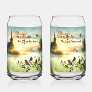 Sunrise Church with Birds in Misty Meadow Can Glass
