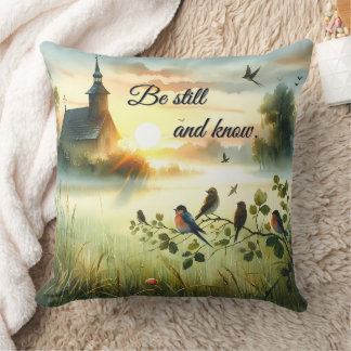 Sunrise Church with Birds in Misty Meadow Cushion