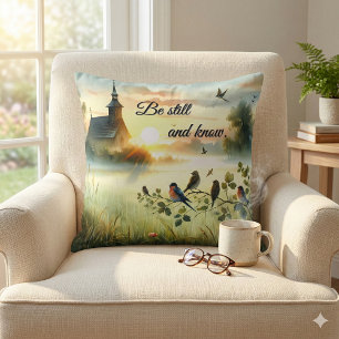 Sunrise Church with Birds in Misty Meadow Cushion