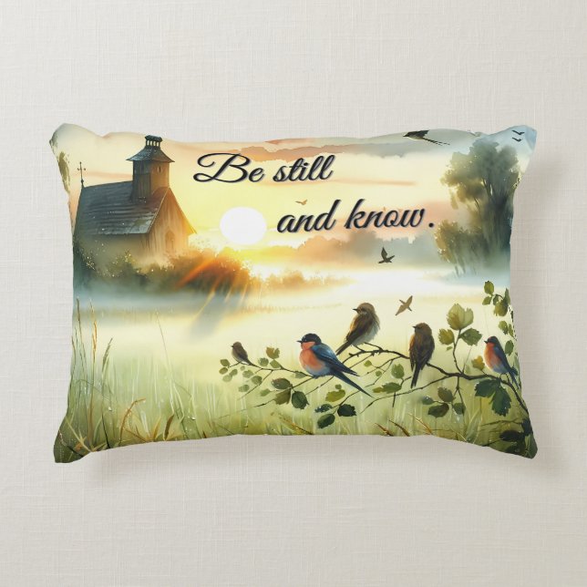 Sunrise Church with Birds in Misty Meadow Decorative Cushion (Front)