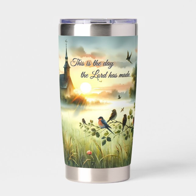 Sunrise Church with Birds in Misty Meadow Insulated Tumbler (Front)