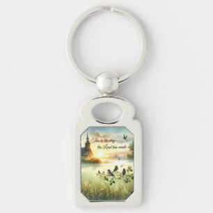 Sunrise Church with Birds in Misty Meadow Key Ring