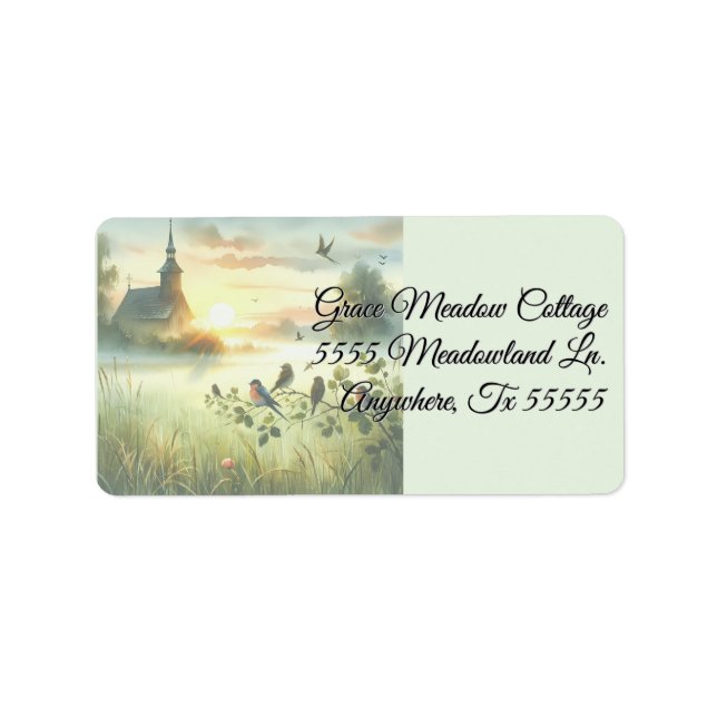 Sunrise Church with Birds in Misty Meadow Label (Front)